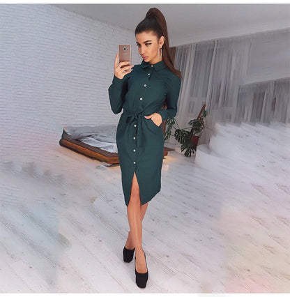 Spring Autumn New  Women Clothing Long Sleeve Solid Color Polo Collar Single-Breasted Lace up Belt Knee-Length Dress