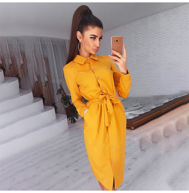 Spring Autumn New  Women Clothing Long Sleeve Solid Color Polo Collar Single-Breasted Lace up Belt Knee-Length Dress