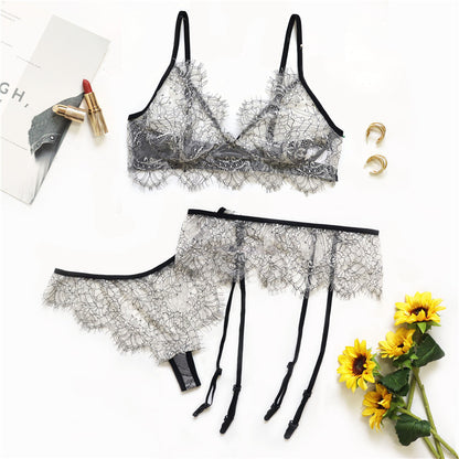 Sexy Lingerie Set Women Lace Beautiful Back Cross Strap Thin French Bra Sexy Lingerie Garter Suit