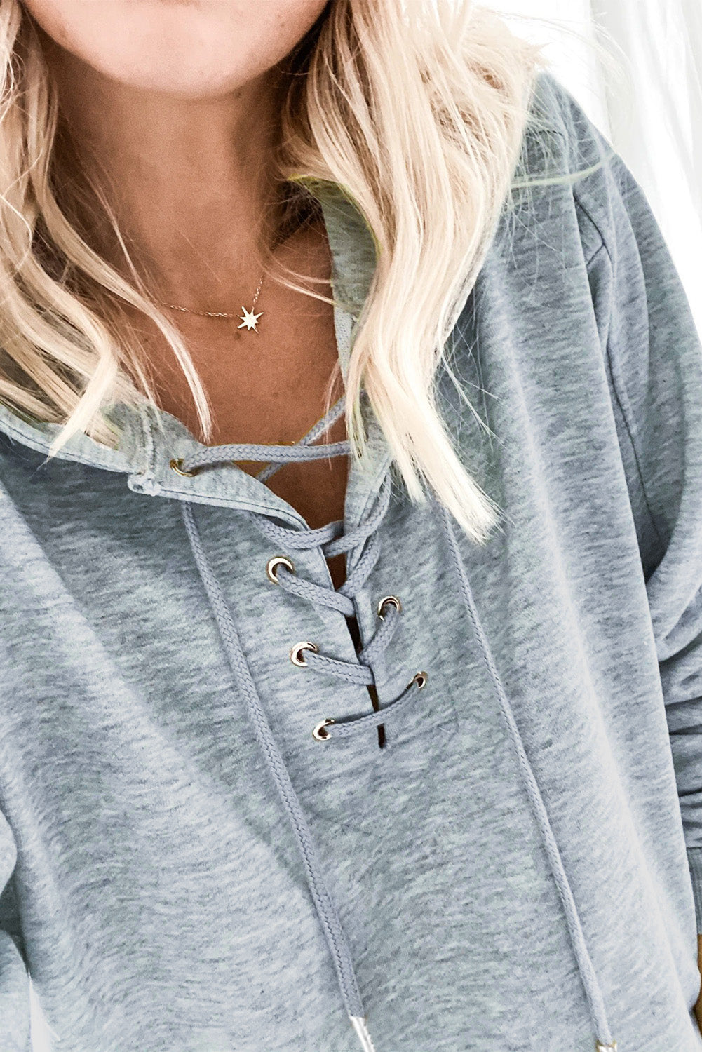 Grey Casual Solid Color Lace-up Hoodie