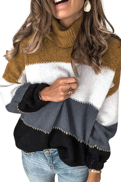 Khaki Accent Color Block Turtleneck Chunky Knit Sweater