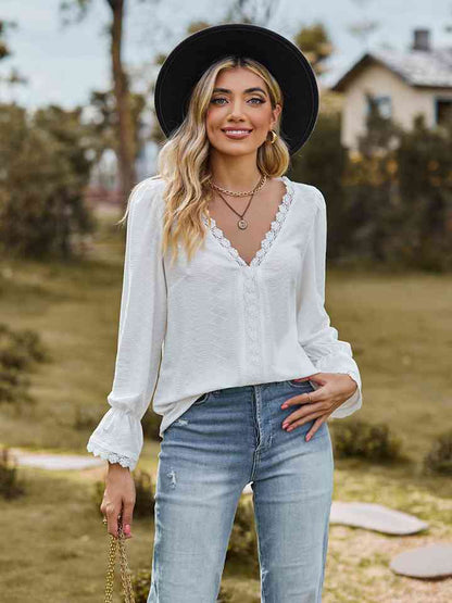 V-Neck Flounce Sleeve Blouse