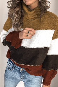 Khaki Accent Color Block Turtleneck Chunky Knit Sweater