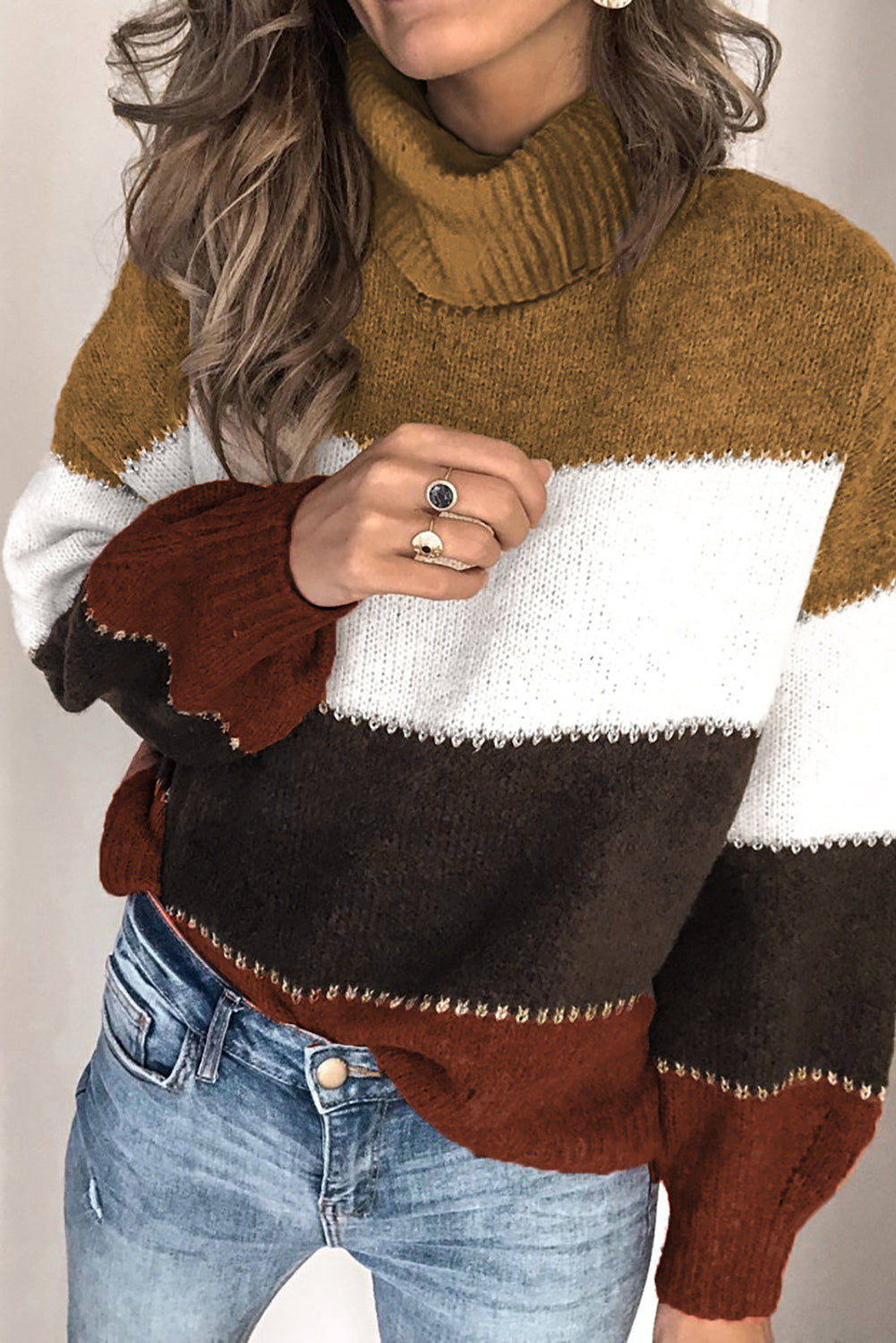 Khaki Accent Color Block Turtleneck Chunky Knit Sweater