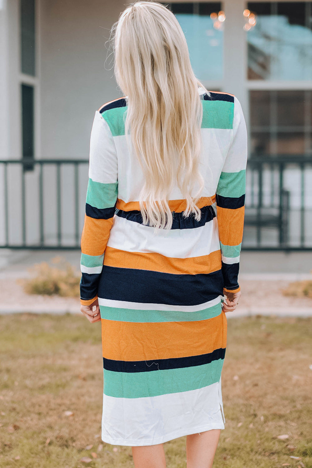 Multicolor Block Drawstring Waist Long Sleeve Midi Dress