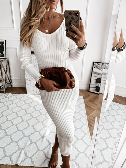 Casual Solid Color Ribbed Low Cut V-neck Tight Long Sleeve Dress