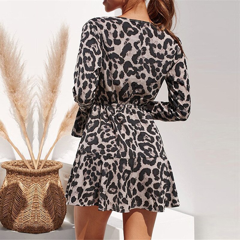 2019 Summer Chiffon Dress Women Leopard Print Boho Beach Dresses Casual Ruffle Long Sleeve A-line Mini Party Dress Vestidos