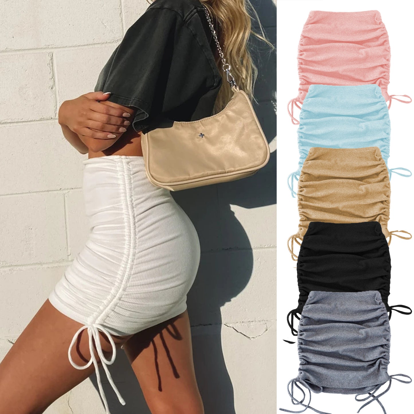 Knitted Threaded Side Drawstring Elastic Pleated Skirt Sexy Slim Adjustable Hip Skirt