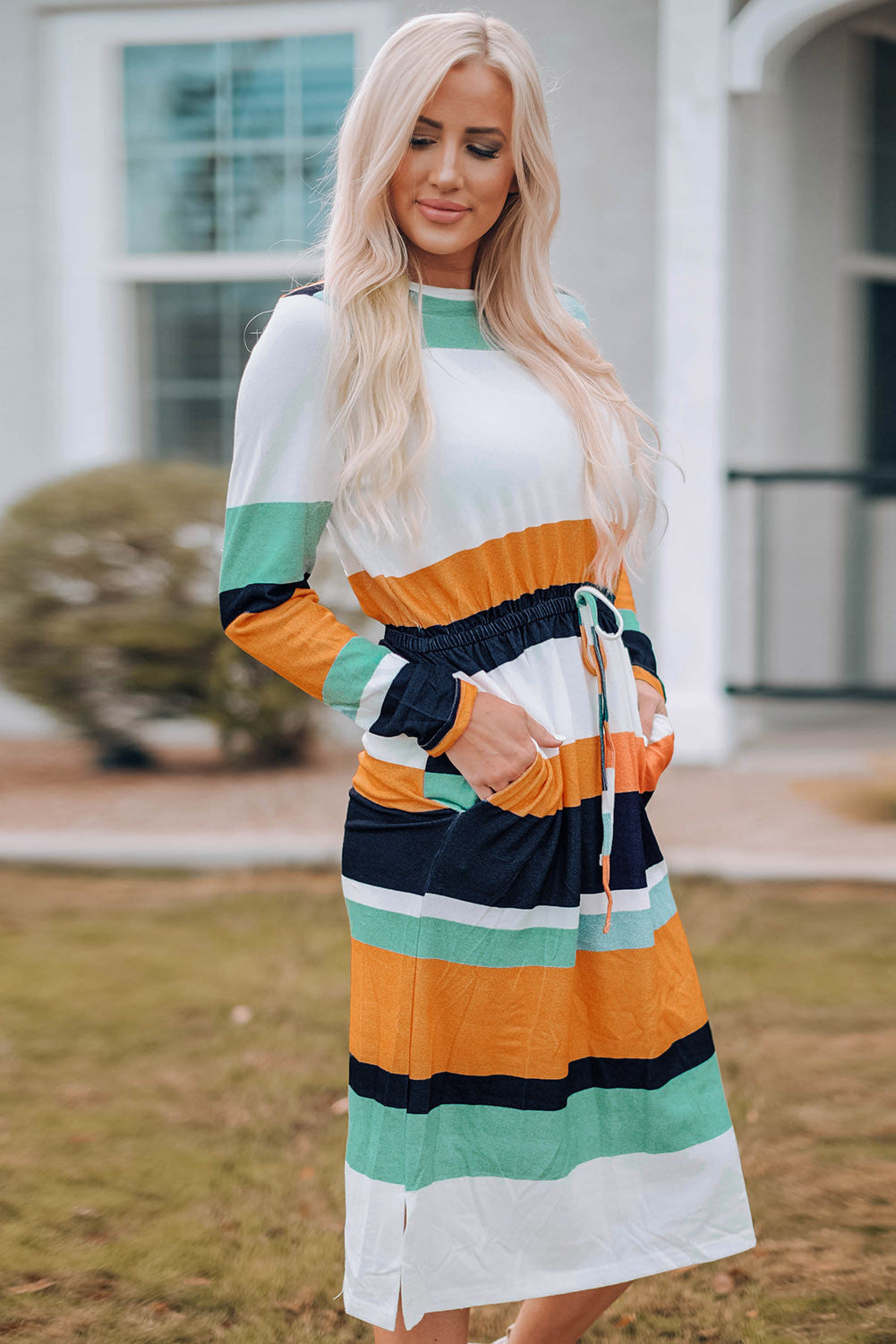 Multicolor Block Drawstring Waist Long Sleeve Midi Dress