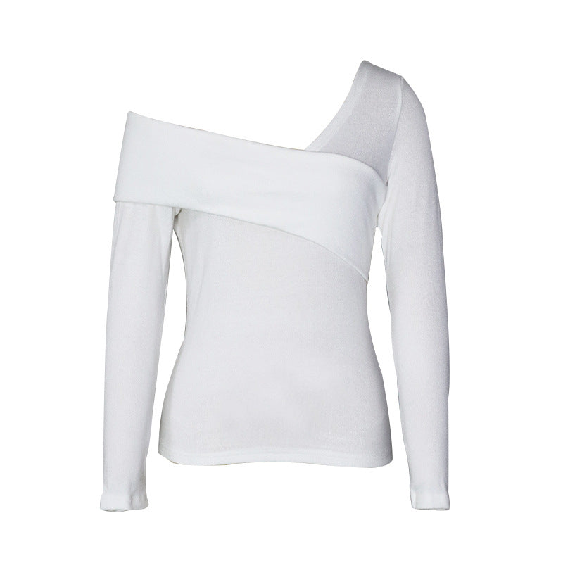 Autumn New Slim Fit Slimming Shoulder Off Solid Color Sexy Base Shirt Top