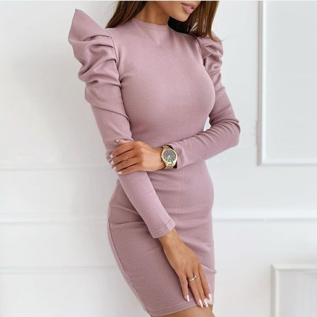 Autumn And Winter Hot-sale Women Clothing Round Neck Puff Sleeve Solid Color Slim Sexy Dress
