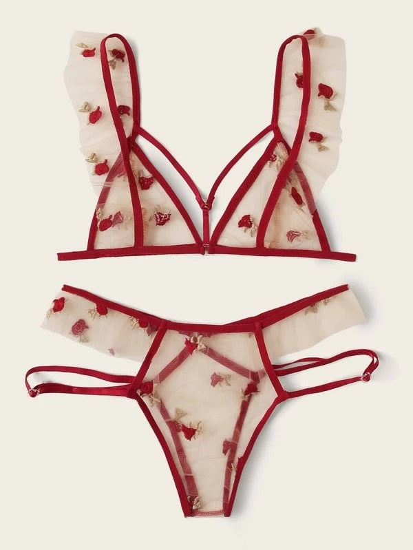 New Burgundy Transparent Lace Printed Front Buckle Breathable Summer Three-Point Sexy Lingerie