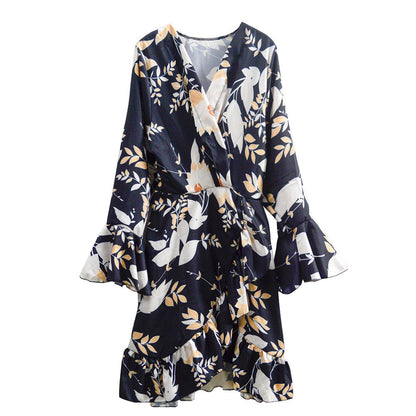 Sexy Women Beach Dress Deep V Printed Dress Cinched Waist Slim-fit Long Sleeve Mini Dress