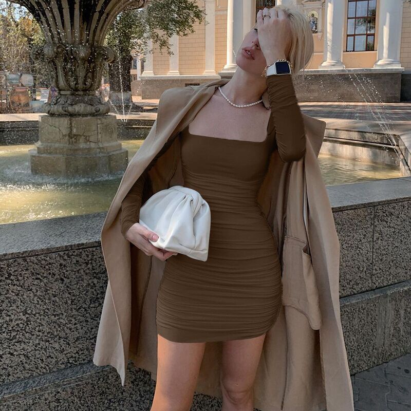 Autumn And Winter New Elegant Slim-fit Long Sleeve Pleated Solid Color Dress