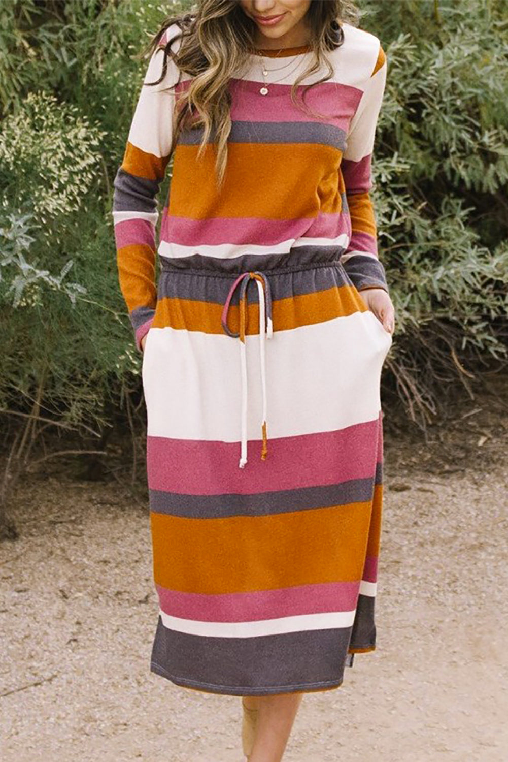 Multicolor Block Drawstring Waist Long Sleeve Midi Dress