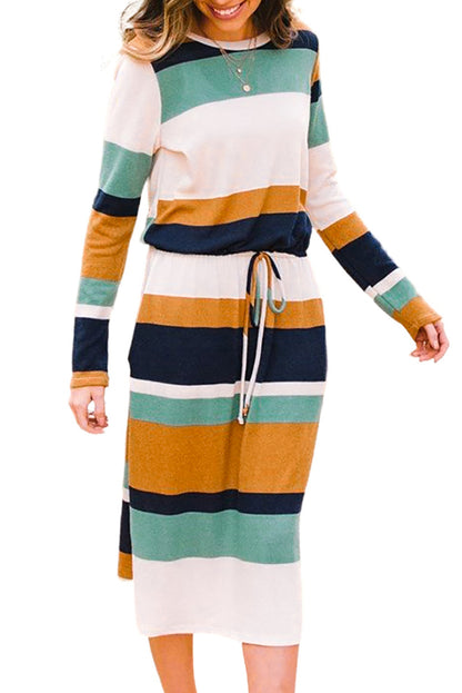 Multicolor Block Drawstring Waist Long Sleeve Midi Dress