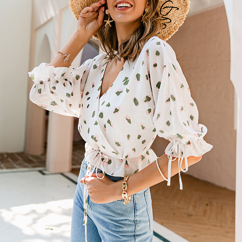 Elegant office lady printed blouse spring V-neck drawstring bow half puff sleeve shirts women Holiday blouses loose