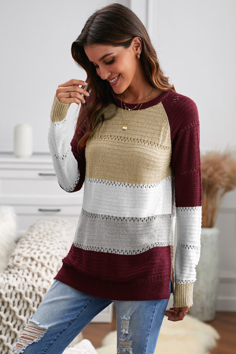 Wine Accent Knitted Color Block Long Sleeve Crew Neck Sweater