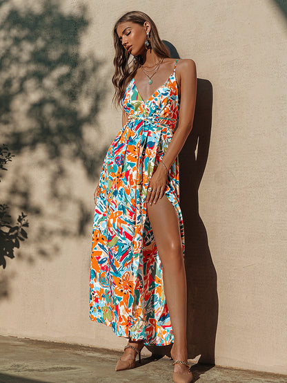 Sundress Sexy Holiday Straps Backless Women Beach Dress Summer High Waist Lace Up Split Maxi Dress V-Neck Multi Color Vestidos