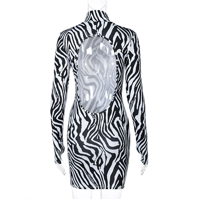 Zebra Print Backless Hollow Out High Neck Women Long Sleeve Mini Dress