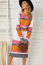 Multicolor Block Drawstring Waist Long Sleeve Midi Dress