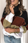 Khaki Accent Color Block Turtleneck Chunky Knit Sweater