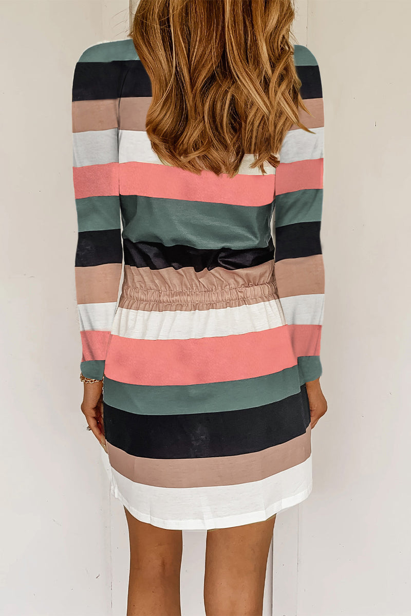 Stripe Print Colorblock Tie Waist Dress with Pocket