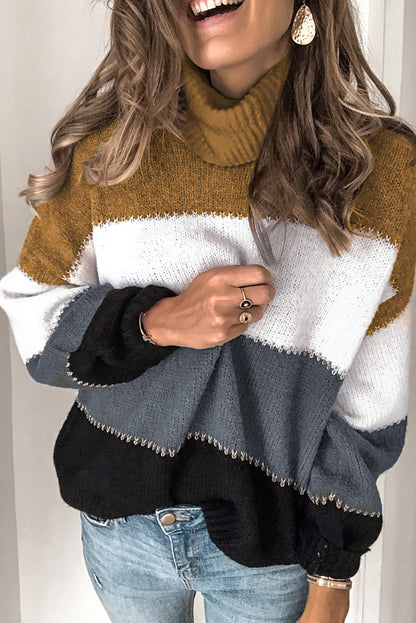 Khaki Accent Color Block Turtleneck Chunky Knit Sweater