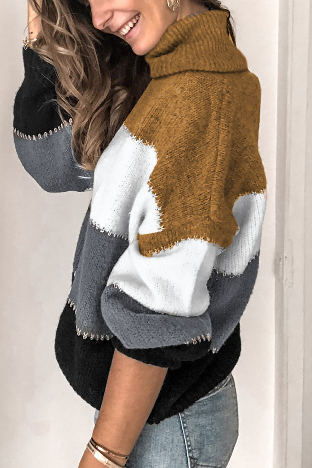 Khaki Accent Color Block Turtleneck Chunky Knit Sweater