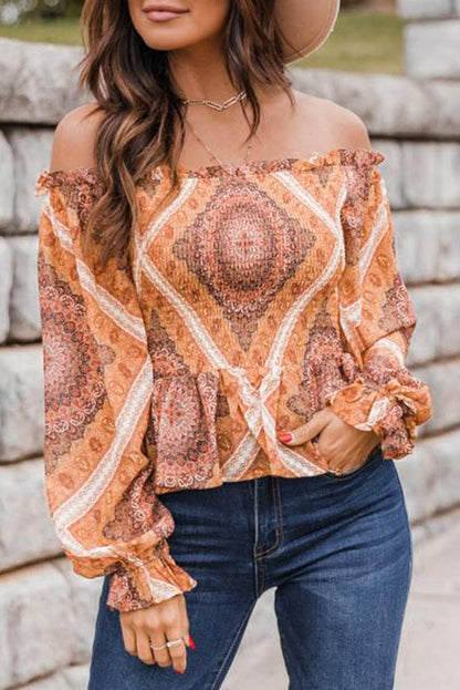 Printed Ruffled Smocked Off Shoulder Blouse