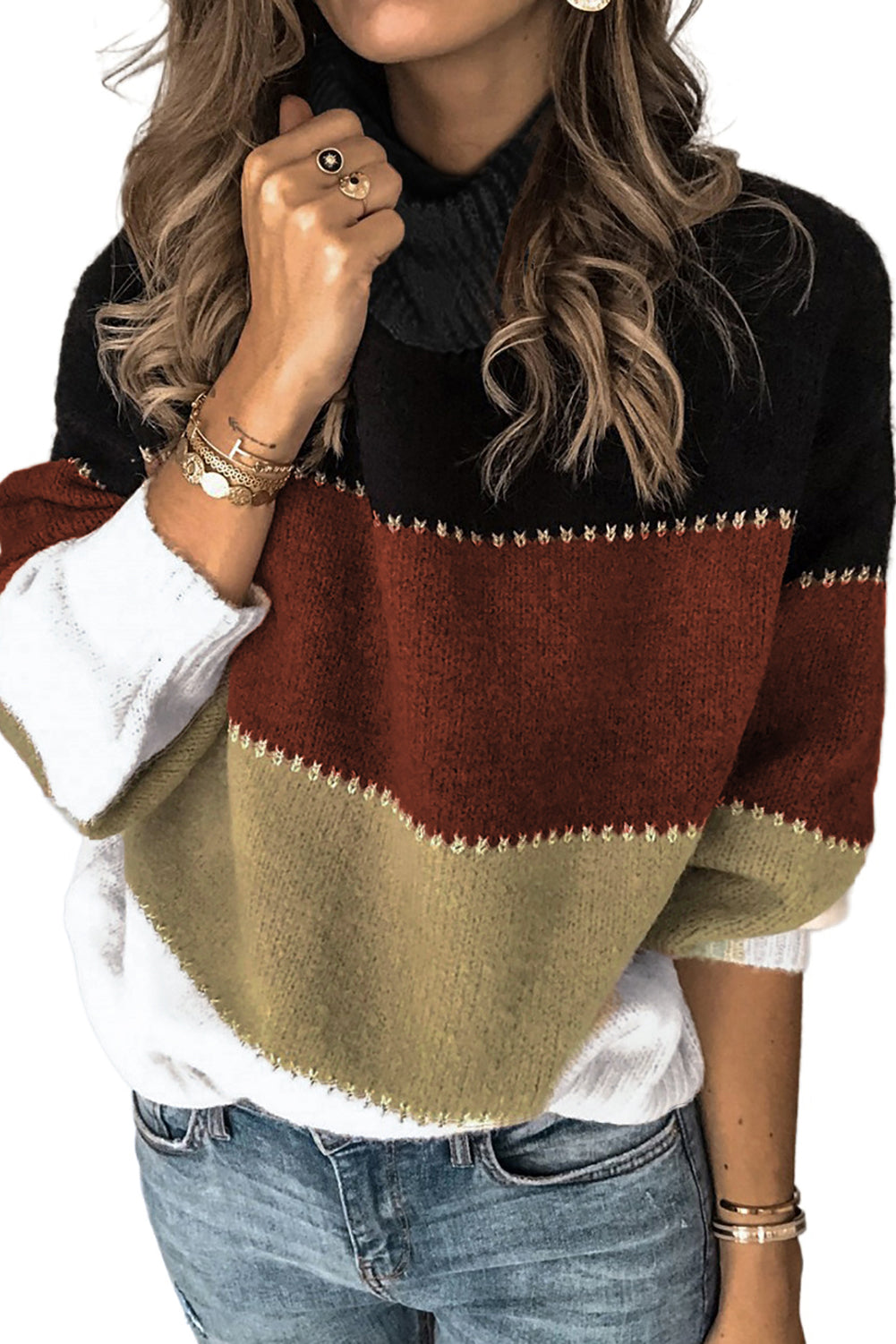 Khaki Accent Color Block Turtleneck Chunky Knit Sweater