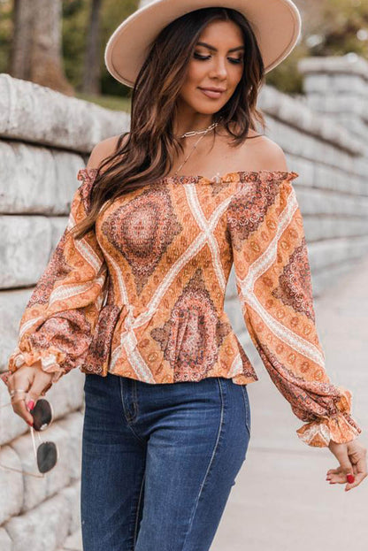 Printed Ruffled Smocked Off Shoulder Blouse