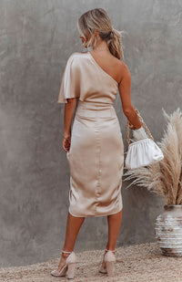 Sexy One Sleeve Irregular Pleated Waist Skirt Dress