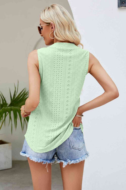 Notched Neck Curved Hem Eyelet Tank