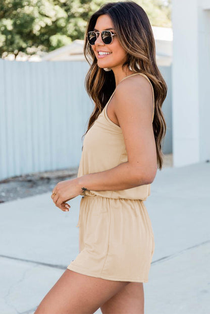 Khaki Spaghetti Straps V Neck Crisscross Back Romper