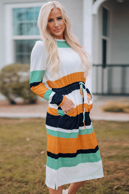 Multicolor Block Drawstring Waist Long Sleeve Midi Dress