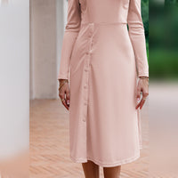 Office O-Neck Long Sleeves Hollow Out Women Dress Pink Elegant Buttons Slim A-Line Midi Vestidos Solid Female Dresses