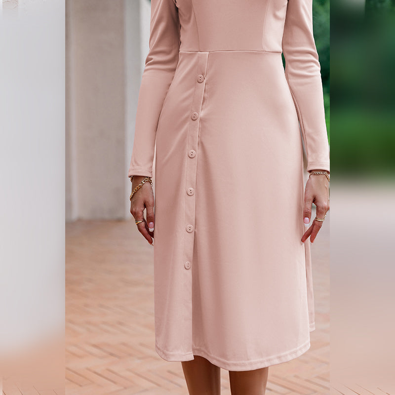 Office O-Neck Long Sleeves Hollow Out Women Dress Pink Elegant Buttons Slim A-Line Midi Vestidos Solid Female Dresses