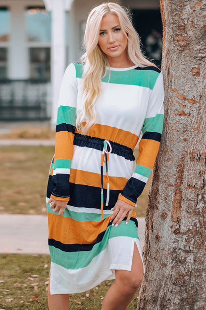 Multicolor Block Drawstring Waist Long Sleeve Midi Dress