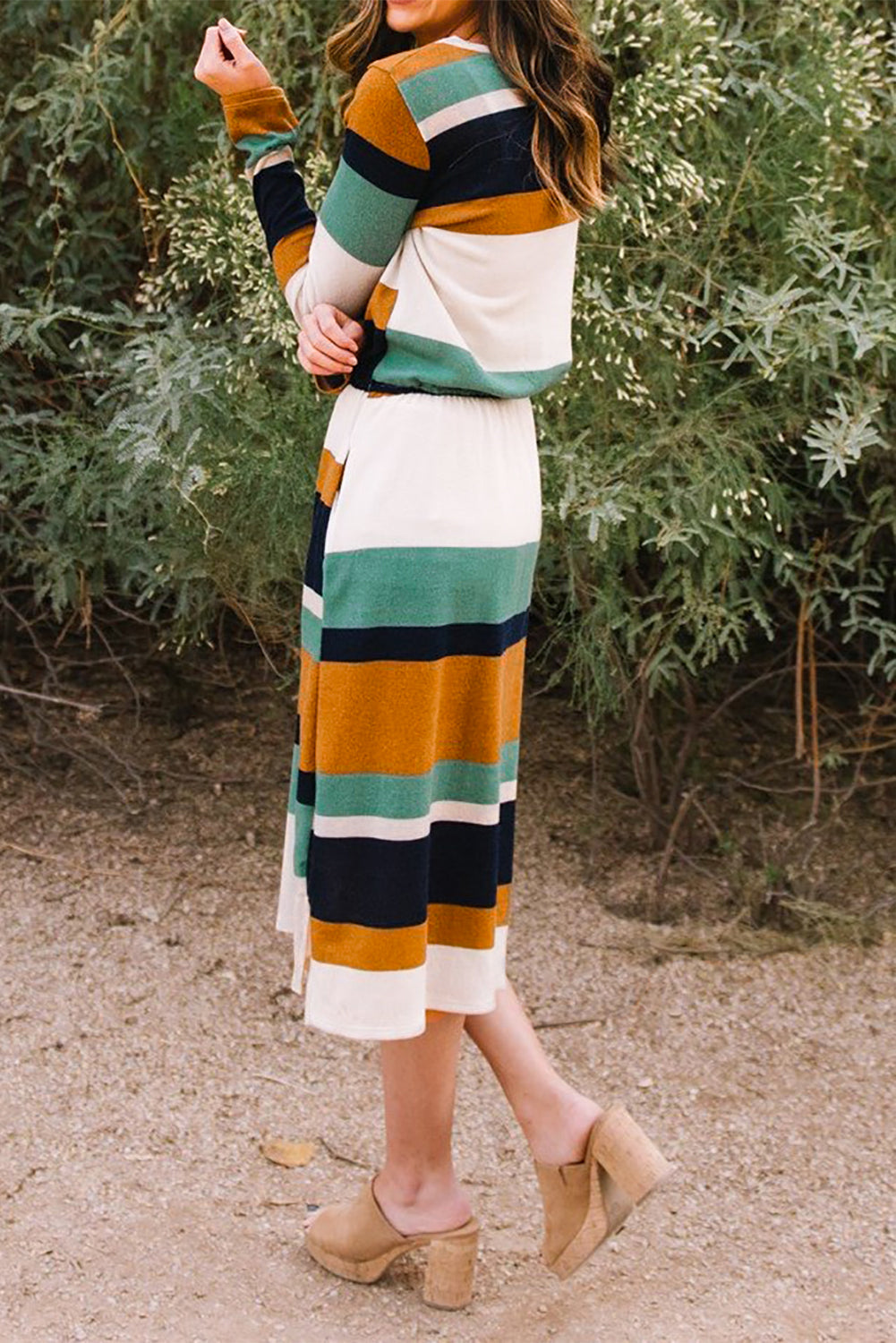 Multicolor Block Drawstring Waist Long Sleeve Midi Dress