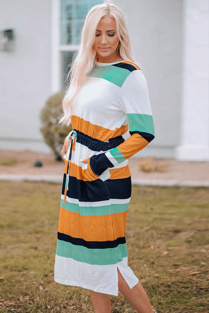 Multicolor Block Drawstring Waist Long Sleeve Midi Dress