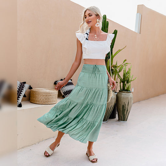 Casual solid women a-line long skirts summer Elegant elastic sash high waist skirt female Holiday beach bottoms vestidos