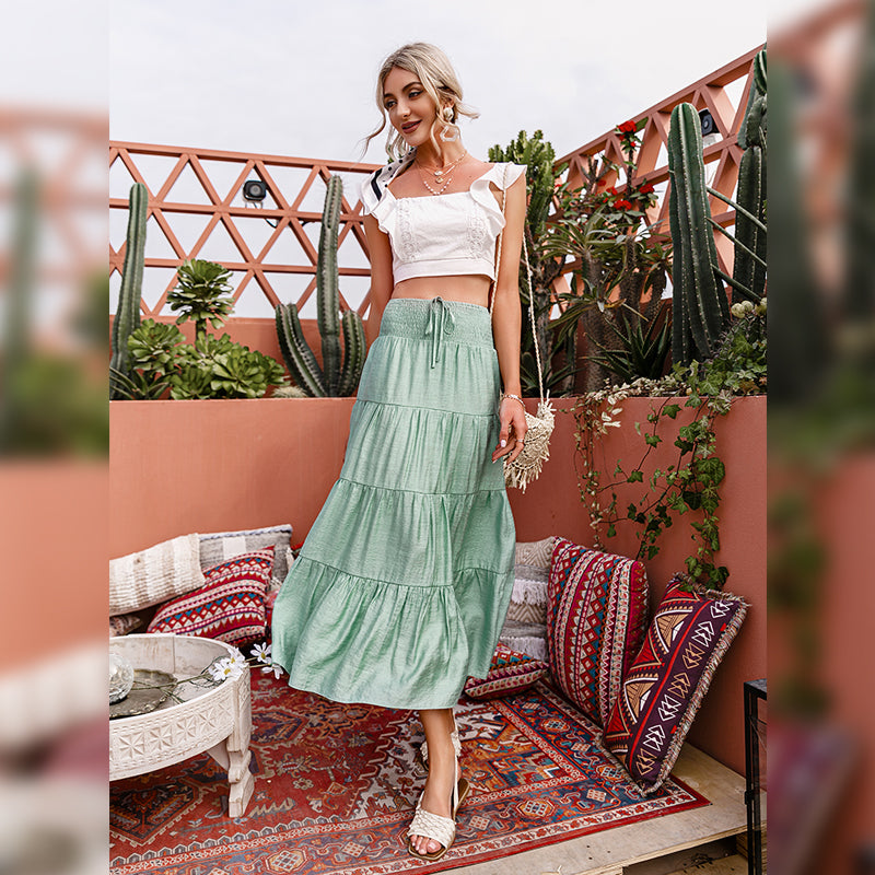 Casual solid women a-line long skirts summer Elegant elastic sash high waist skirt female Holiday beach bottoms vestidos