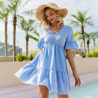 V-neck ruffle sleeves blue plaid women dress Lace up short sleeve high waist knee length dress Summer elegant lady dress