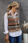 Khaki Geometric Print Buttoned V Neck Sweater Vest