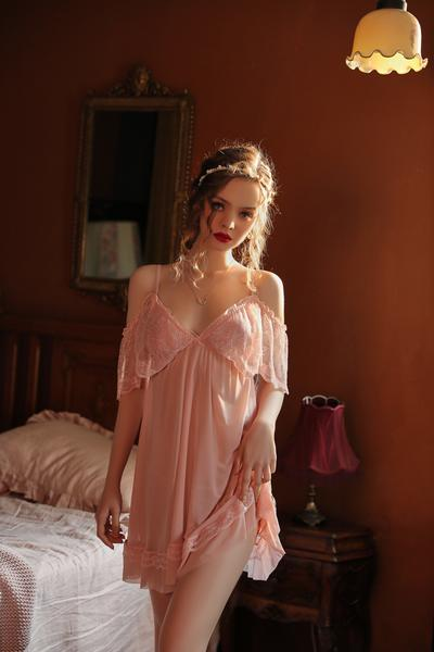 Sexy Lingerie Women Sexy Deep V Shawl Pajamas Mesh See-through Slip Nightdress Suit