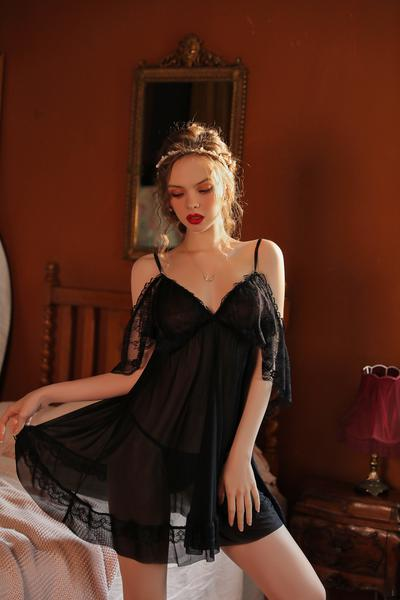 Sexy Lingerie Women Sexy Deep V Shawl Pajamas Mesh See-through Slip Nightdress Suit