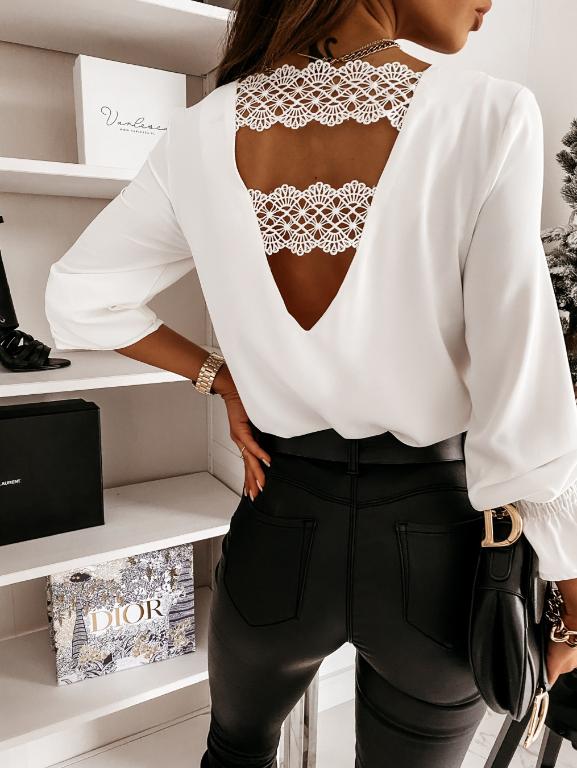 Elegant hollow out backless lace stitched chiffon blouses Casual long sleeves v-neck shirts Office lady solid women tops