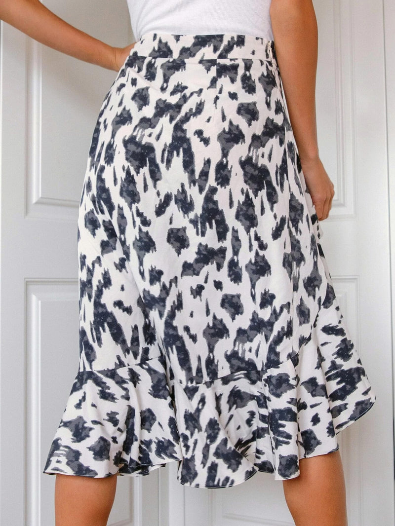 Women Skirt  Leisure Split Ruffled Leopard Print Printed Dress A- line Dress Long Skirt