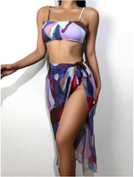 Bandeau High waist Color block Print Skirts 3 piece swimset Elegant bikini swimsuit women swimwear female bathing suit